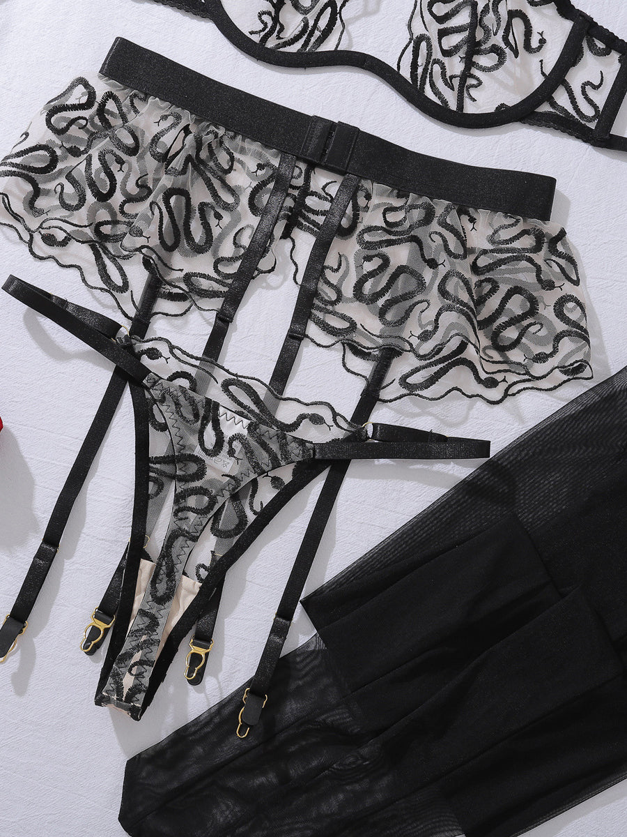 Sexy snake pattern embroidered underwear panties stockings four-piece set