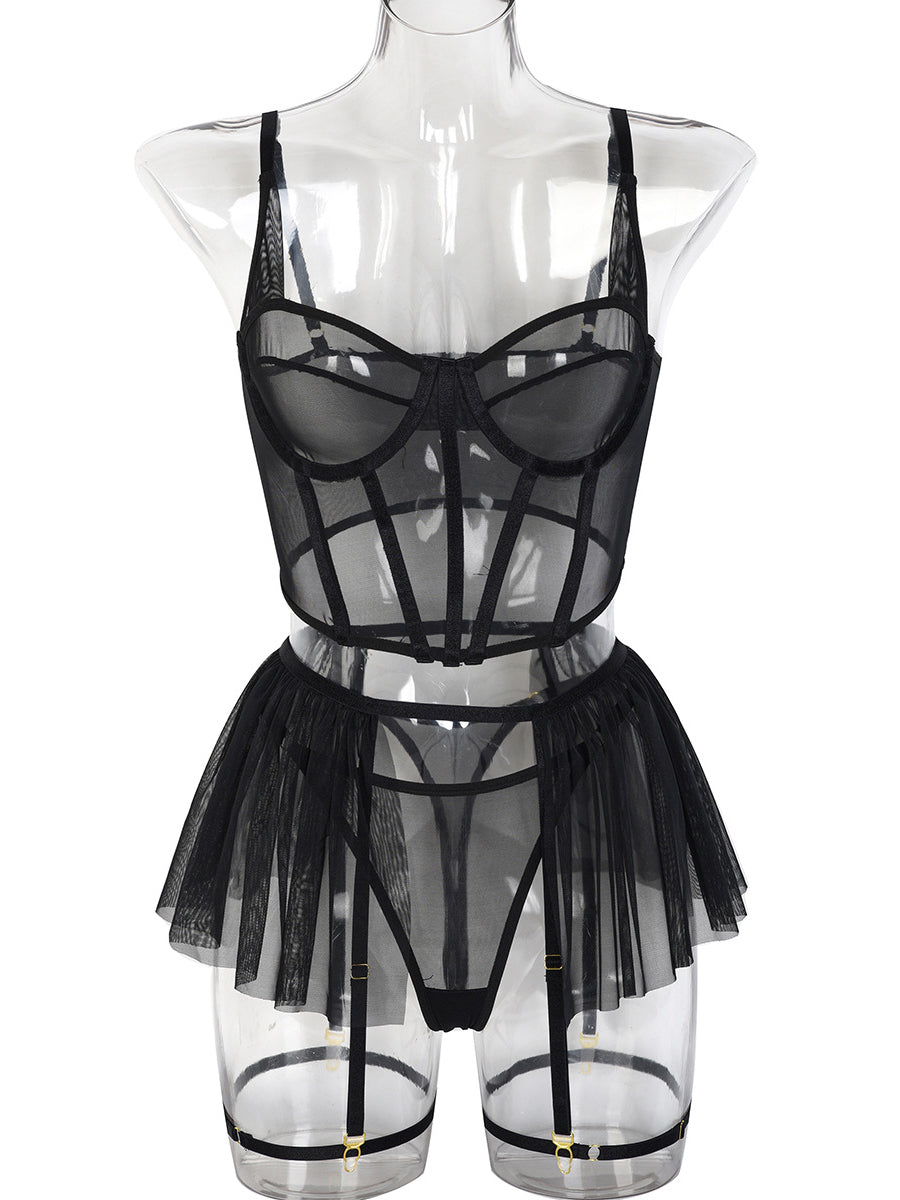Sexy mesh sweet erotic lingerie 3 piece set