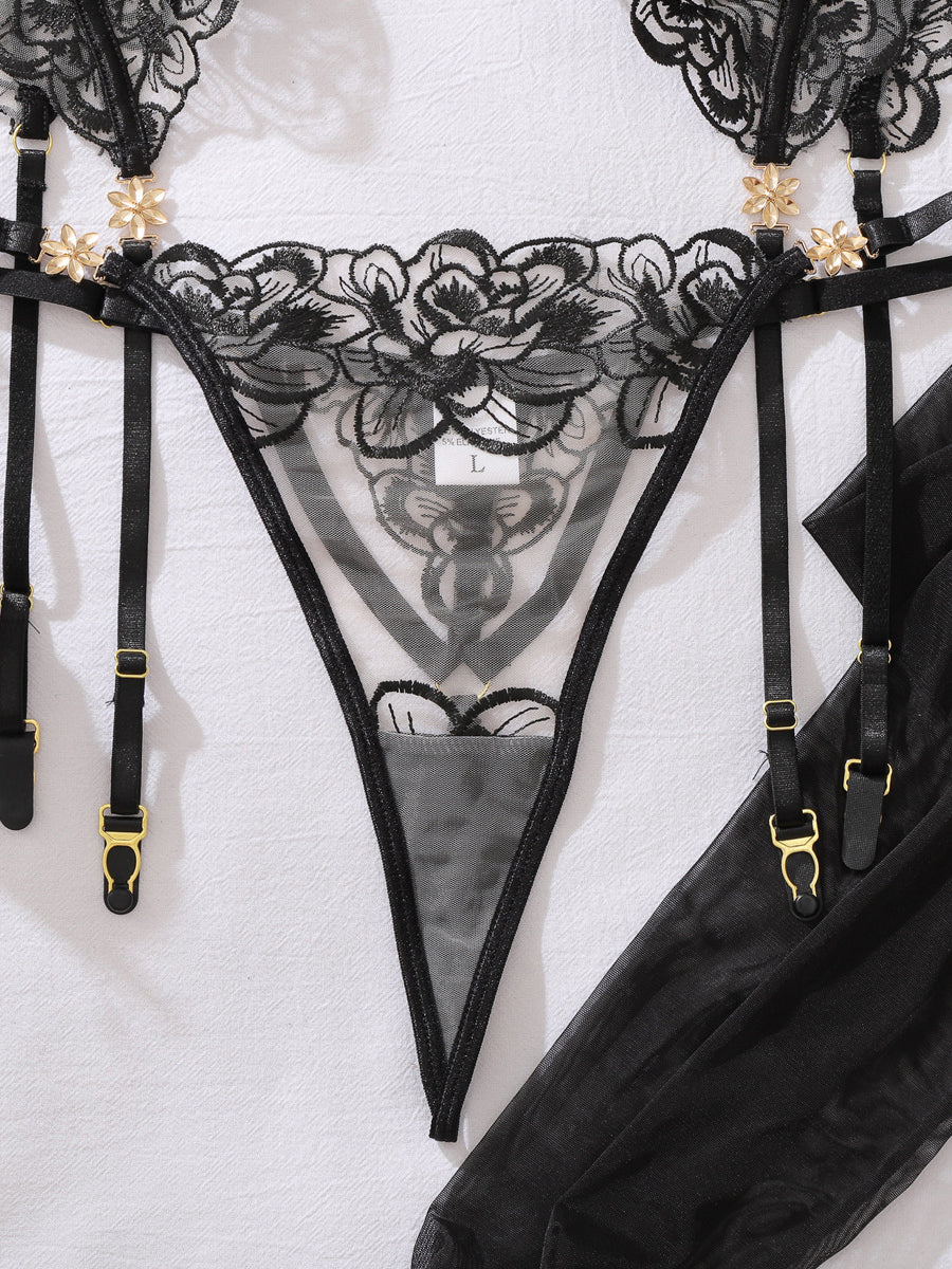 Popular sexy floral embroidered underwear and stockings set