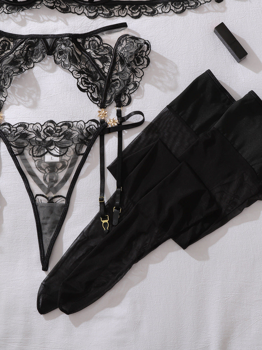 Popular sexy floral embroidered underwear and stockings set