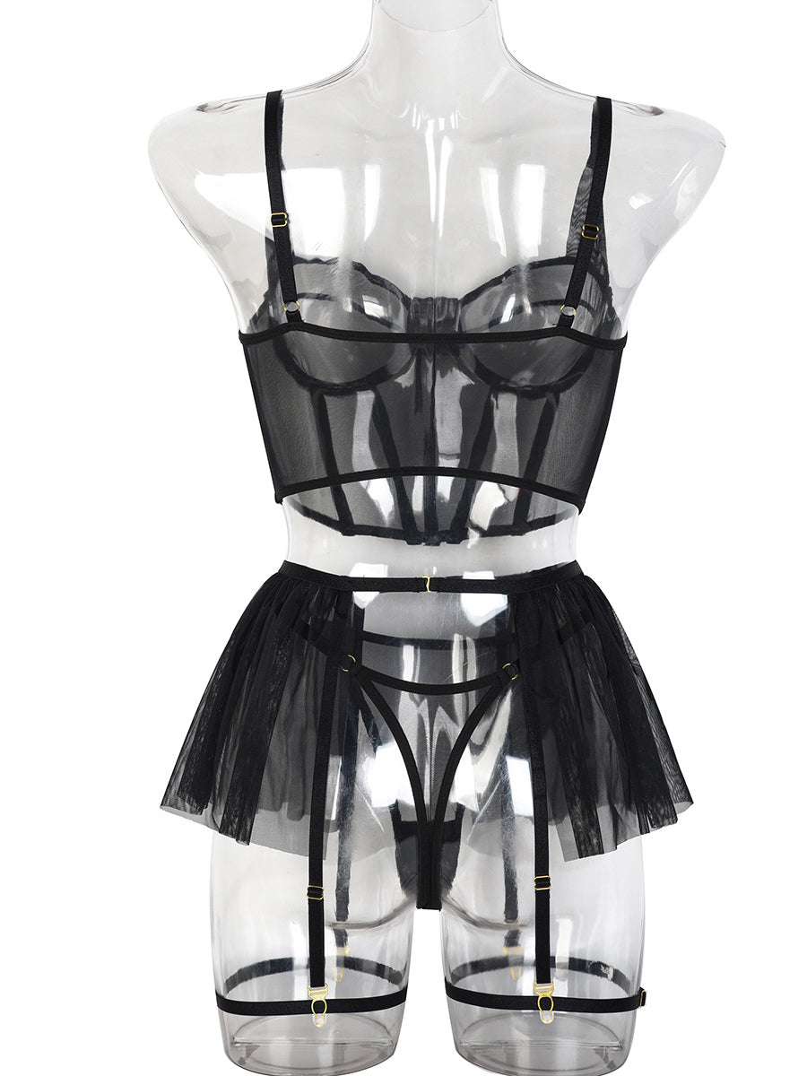 Sexy mesh sweet erotic lingerie 3 piece set