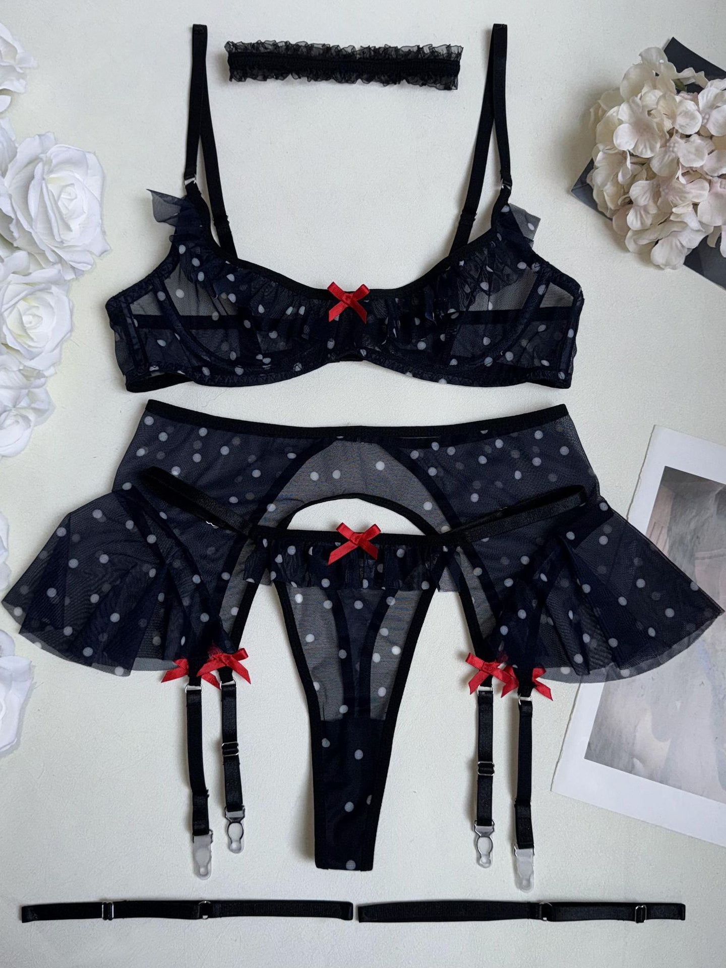 Sexy polka dot ruffled lingerie set