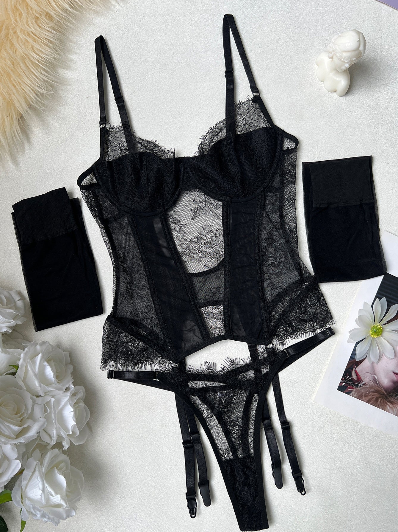 Sexy lace lingerie panties and stockings set
