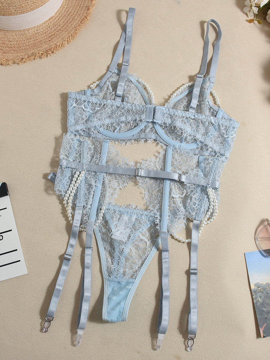 Elegant and sexy pearl detachable fish bone waist eyelash lace underwear set
