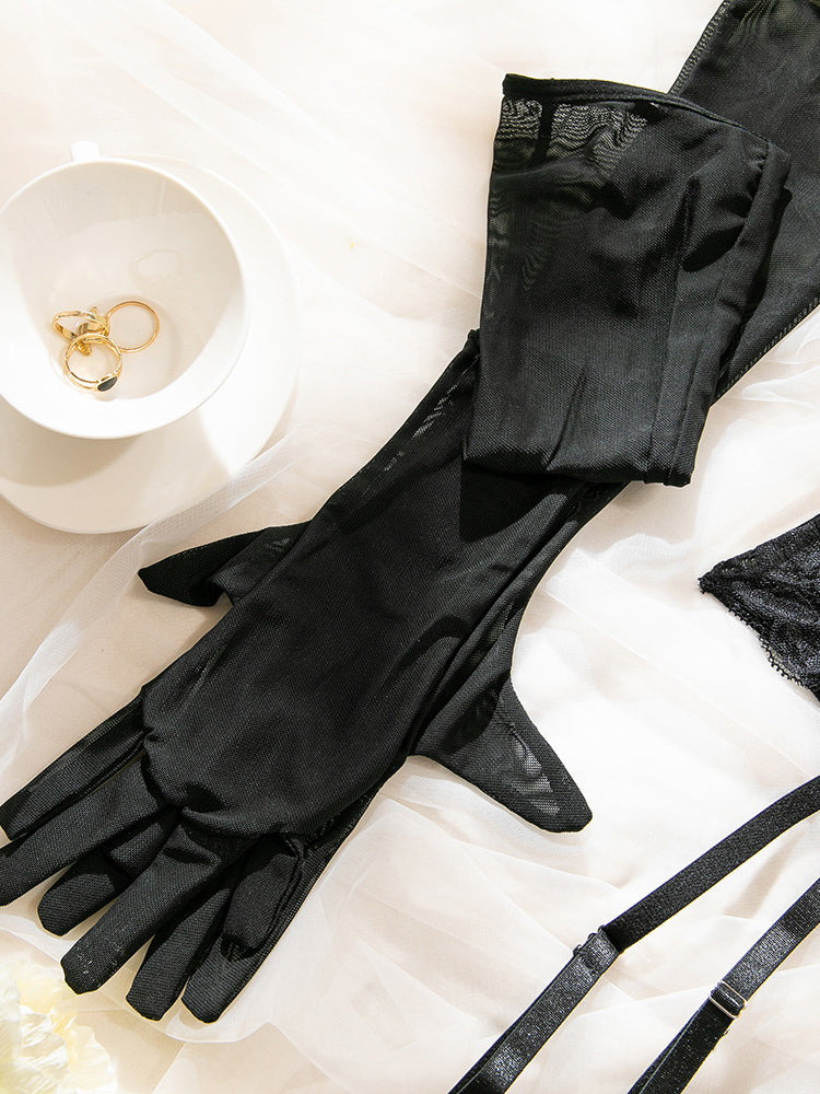 Sexy erotic bodysuit lace with gloves and stockings set