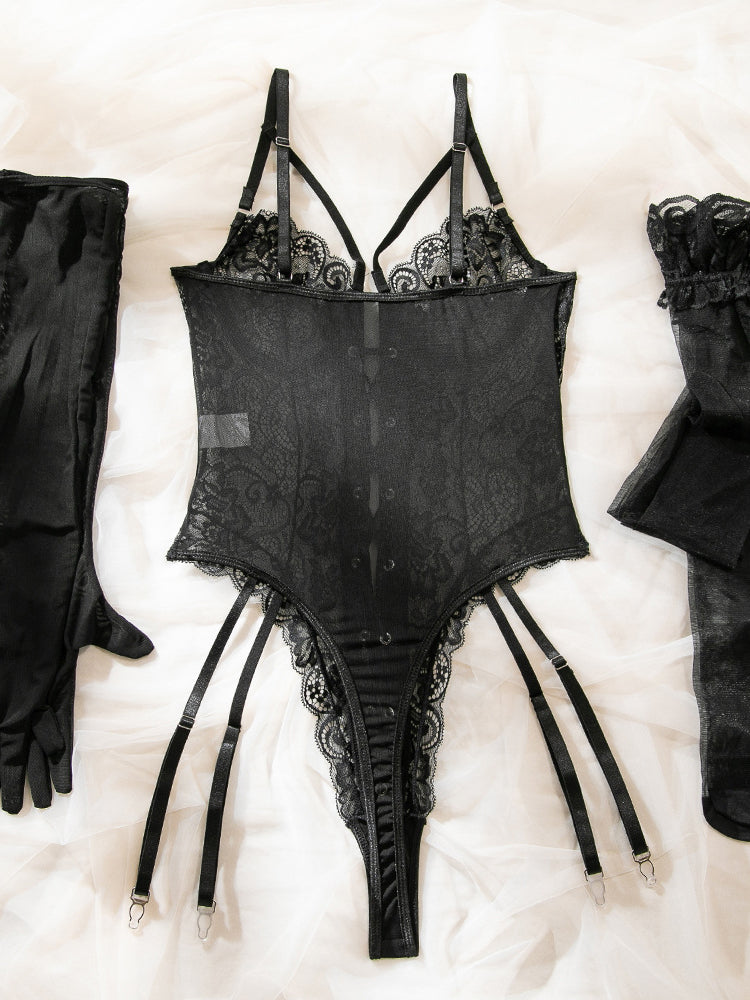 Sexy erotic bodysuit lace with gloves and stockings set