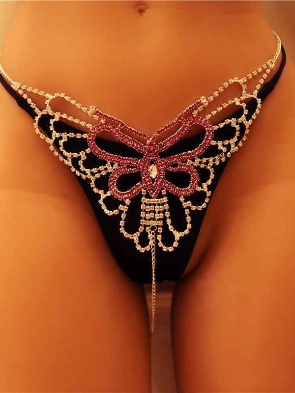 Hot Sale Pink Butterfly Rhinestone Body Chain Underwear Panty Set