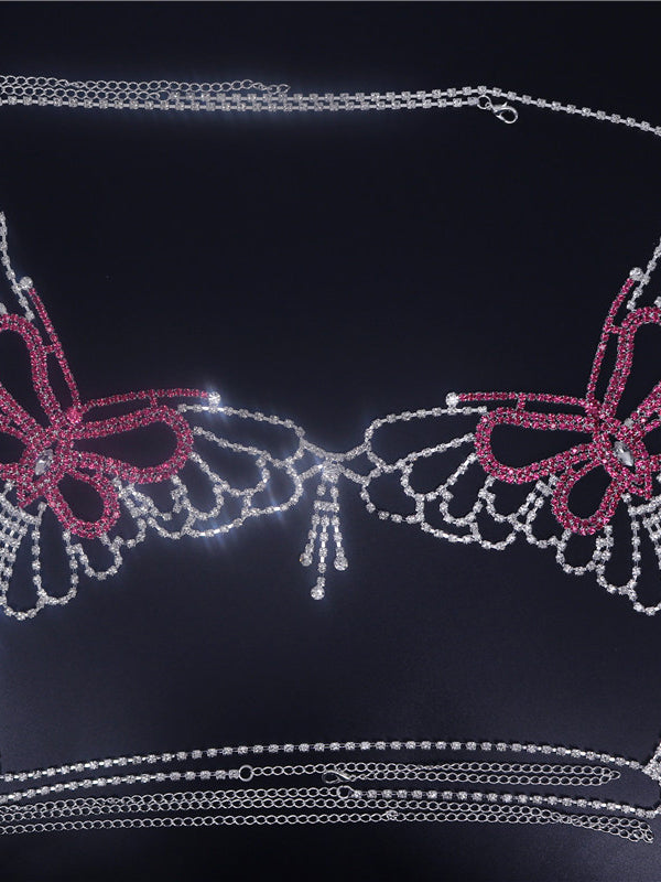Hot Sale Pink Butterfly Rhinestone Body Chain Underwear Panty Set