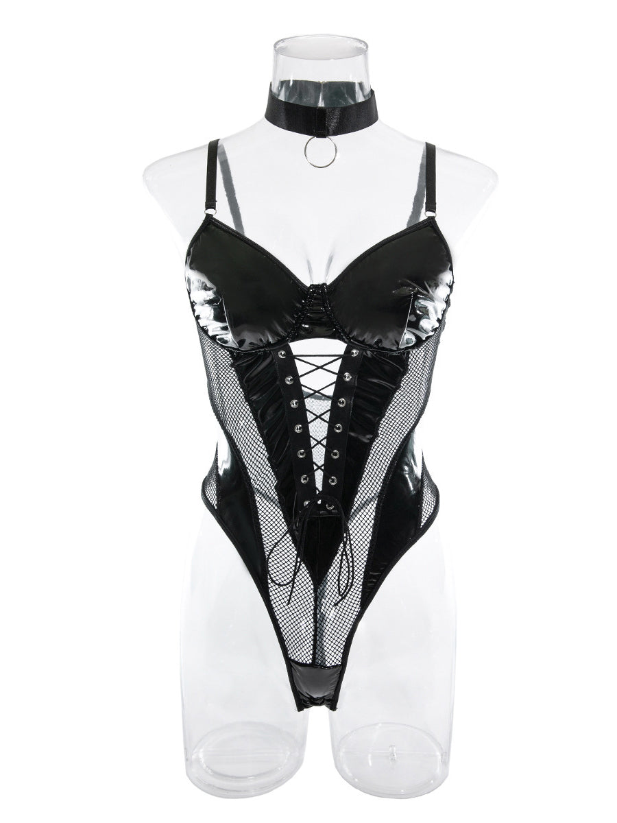 Sexy PU leather strappy sexy bodysuit set