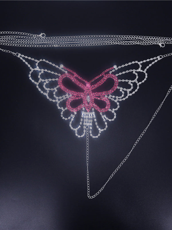 Hot Sale Pink Butterfly Rhinestone Body Chain Underwear Panty Set