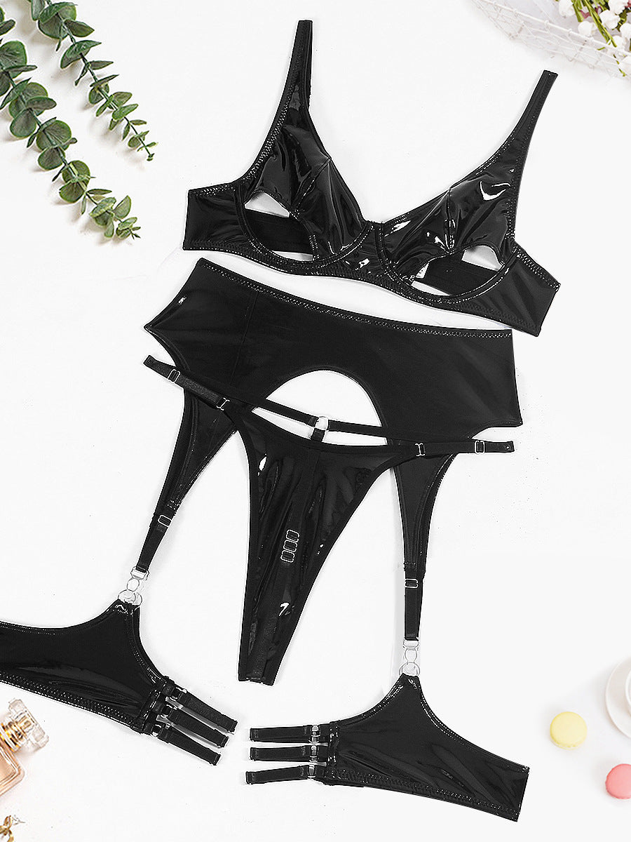 Sexy patent leather lingerie garter set four piece