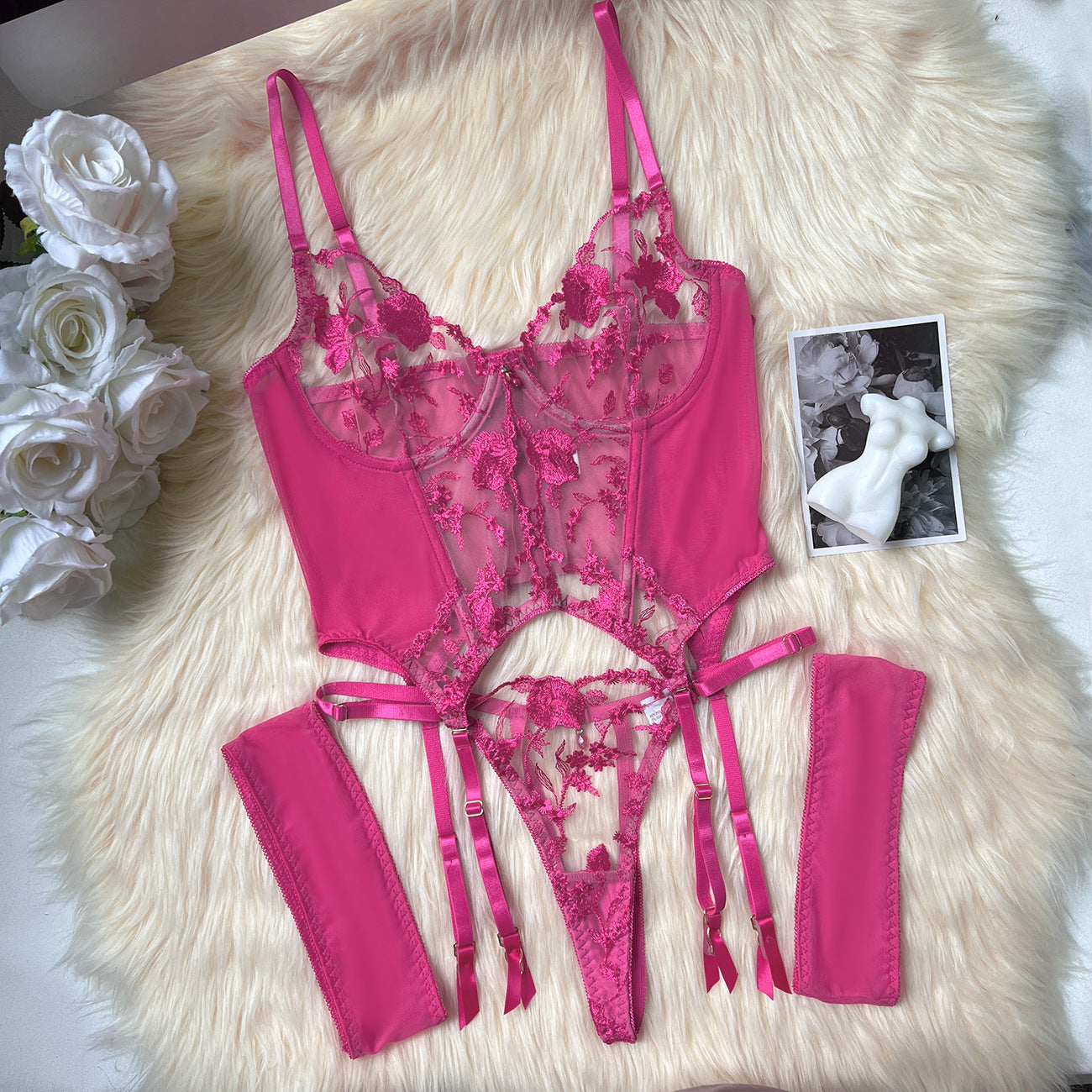 Sexy lingerie mesh embroidery set
