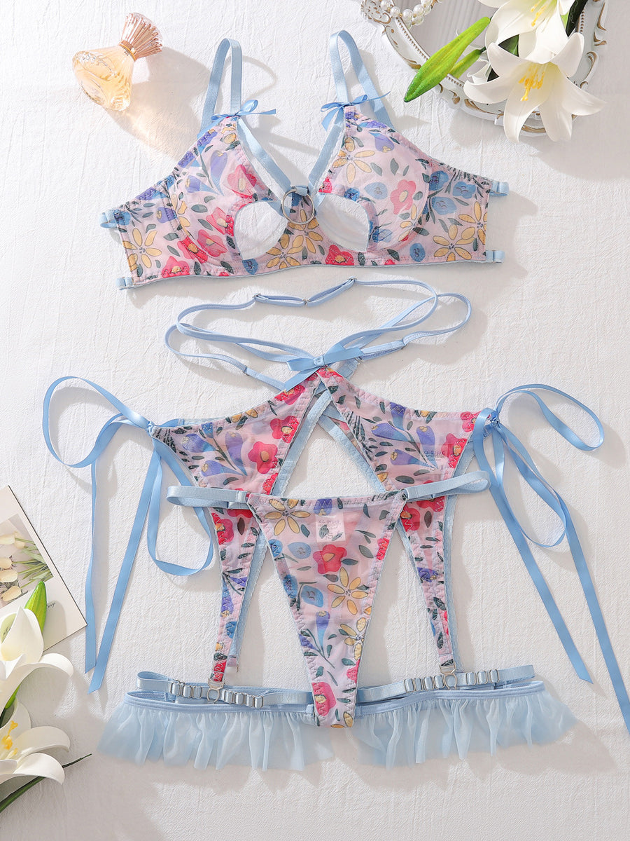 Sexy cute floral erotic lingerie four-piece set