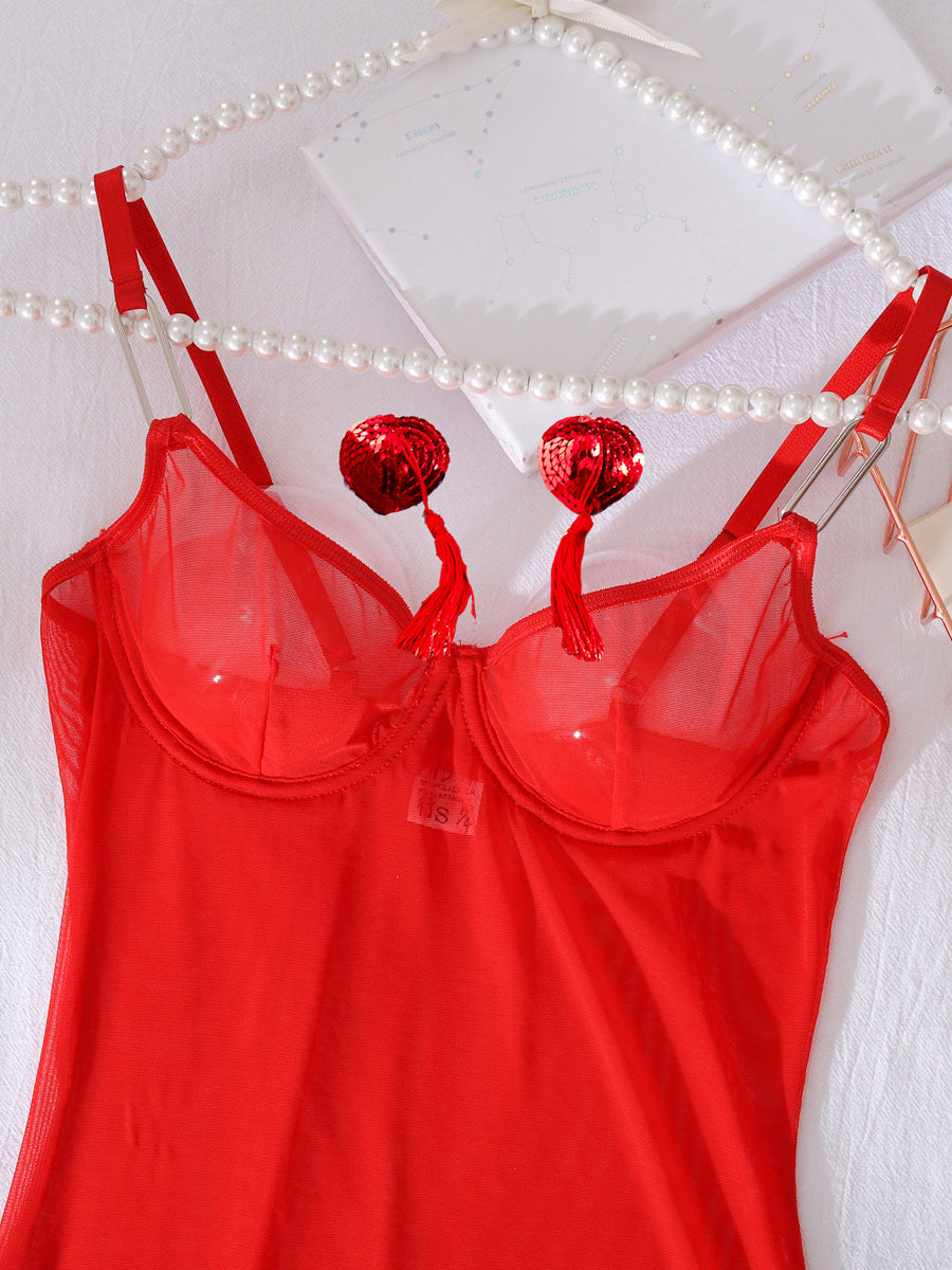 New red nightdress with breast stickers sexy underwear set
