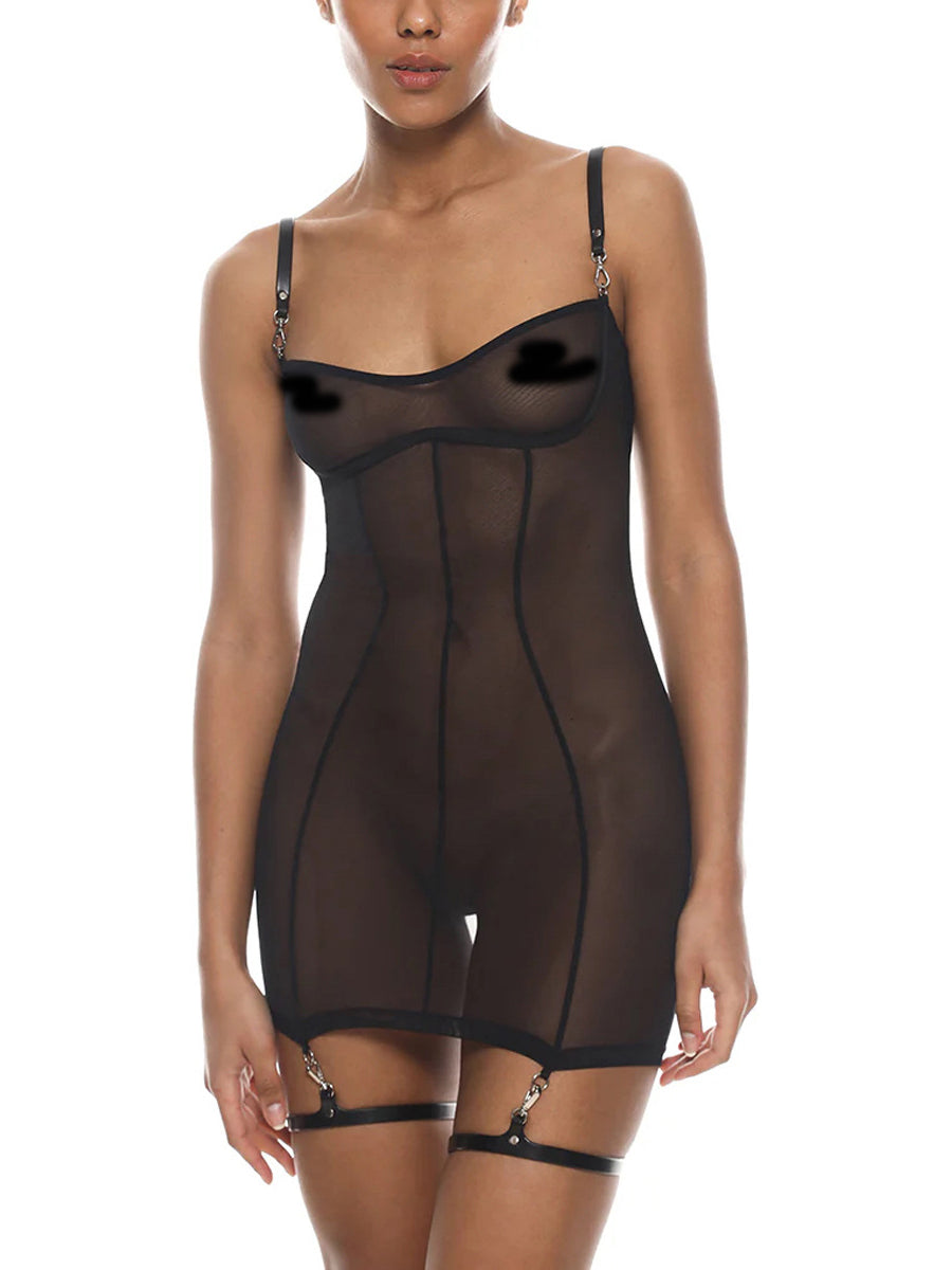 New Arrival Adjustable PU Belt Mesh Dress Shaping Sexy Suit with Gloves