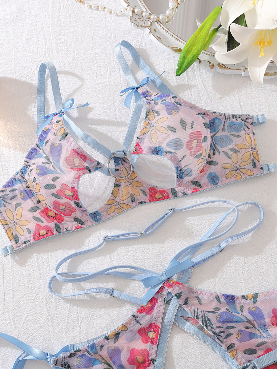 Sexy cute floral erotic lingerie four-piece set