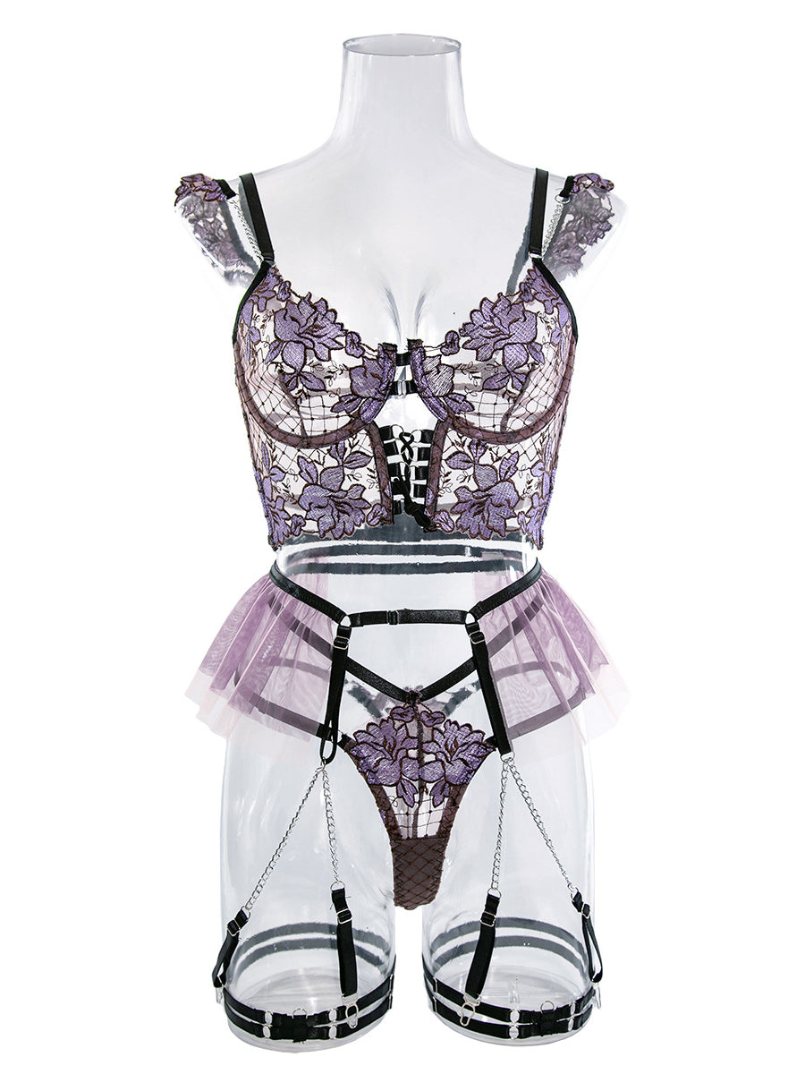 Sexy lingerie embroidered flower metal pendant four-piece set
