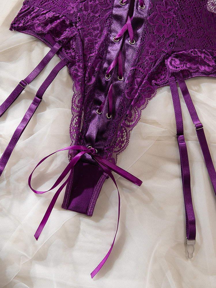 Sexy erotic bodysuit lace with gloves and stockings set