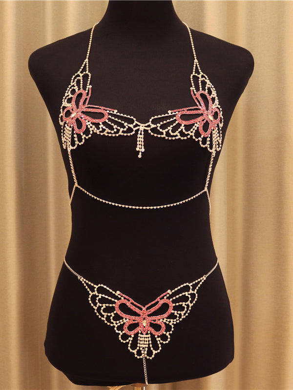 Hot Sale Pink Butterfly Rhinestone Body Chain Underwear Panty Set
