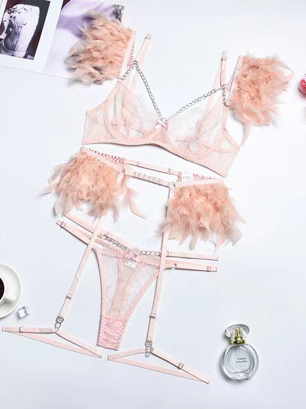 Sexy Metal Chain Lace Feather Lace Eyelash Lingerie Five-Piece Set