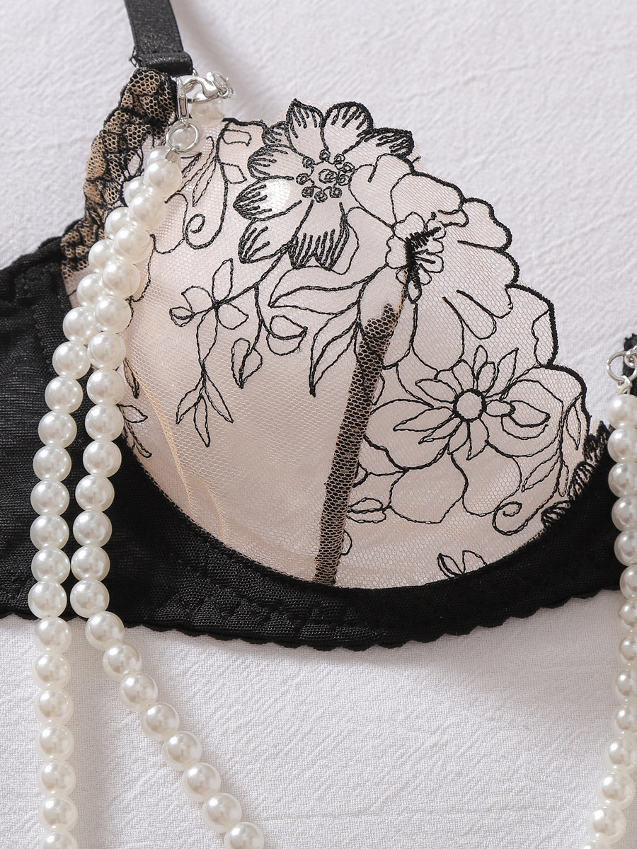 Sexy sheer floral-embroidered lingerie set with pearl chain detailing
