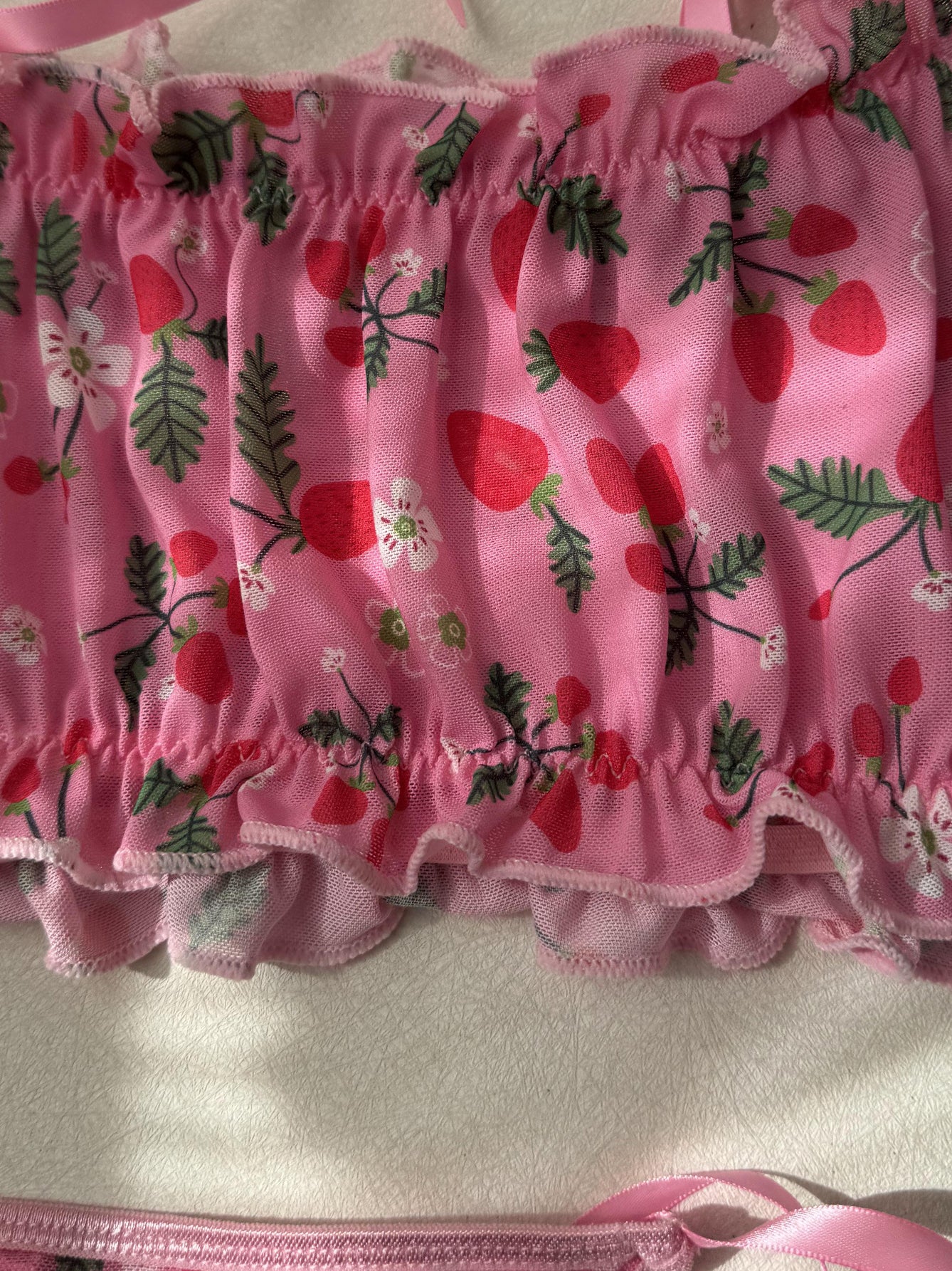 Ribbon off-shoulder cute pink cherry lingerie two-piece set