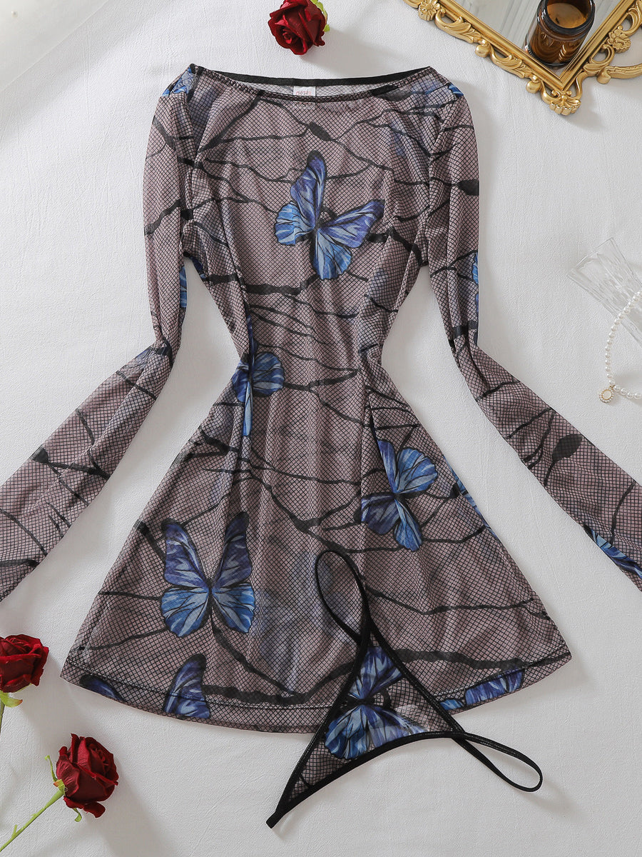 Sexy Sheer Long-Sleeve Dress with Butterfly Print and Thong Set