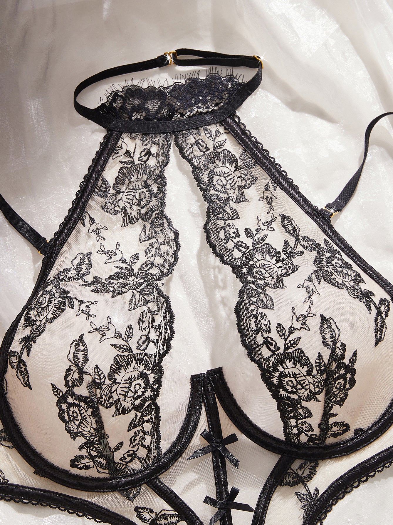 Sexy floral embroidered bow bodysuit