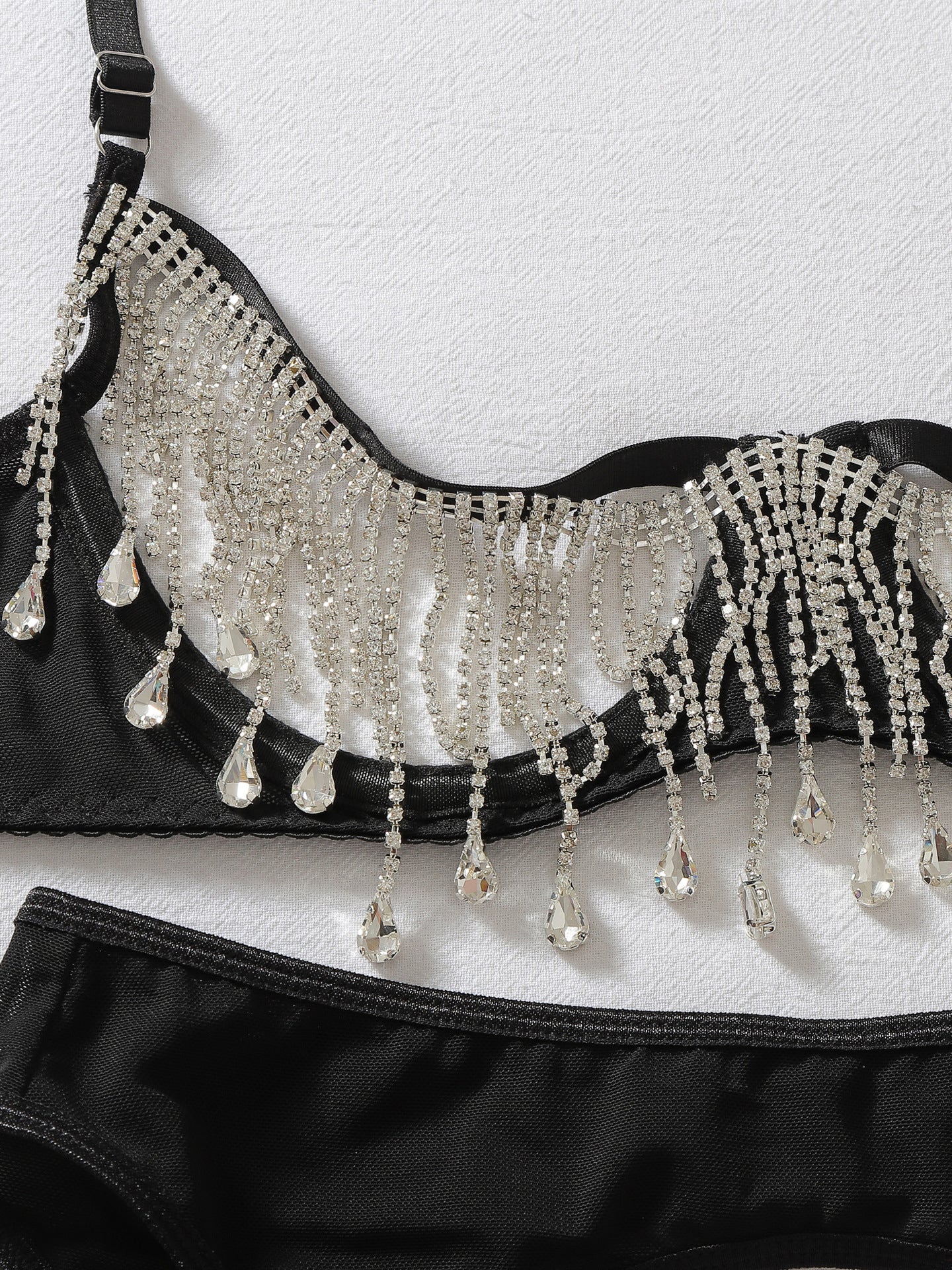 Sexy shapewear and stockings set featuring teardrop rhinestone tassel embellishments.