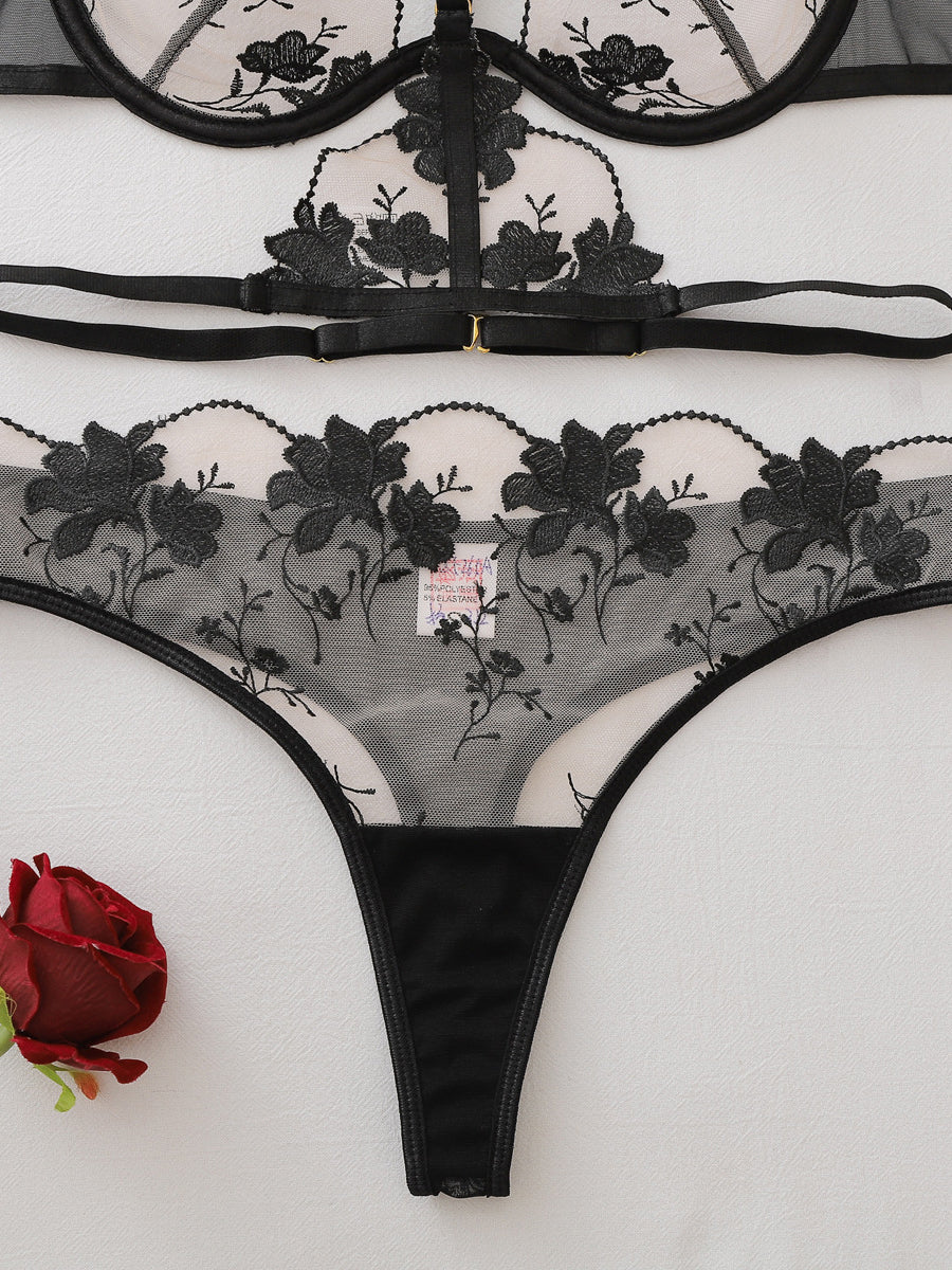 Floral Embroidered Sheer Halter-Neck Body-Shaping Sexy Two-Piece Lingerie Set