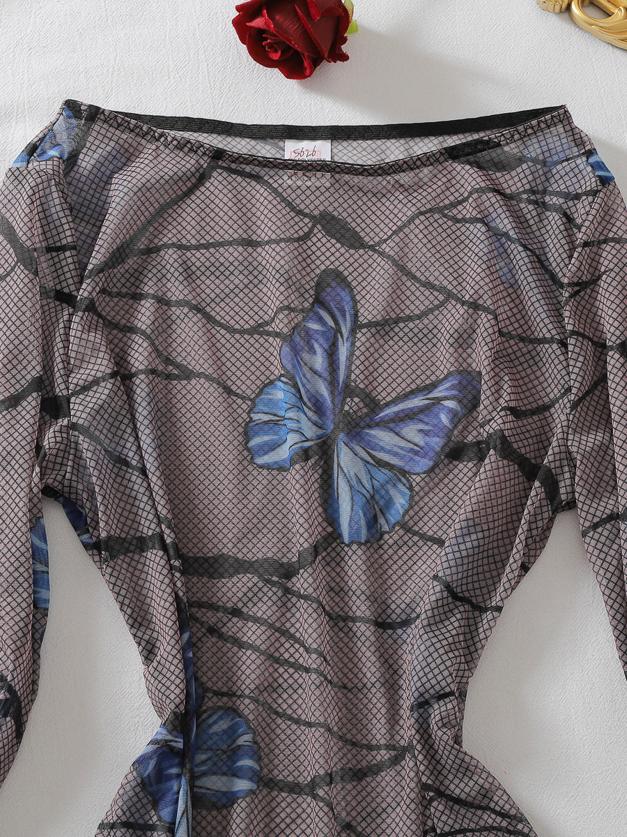Sexy Sheer Long-Sleeve Dress with Butterfly Print and Thong Set