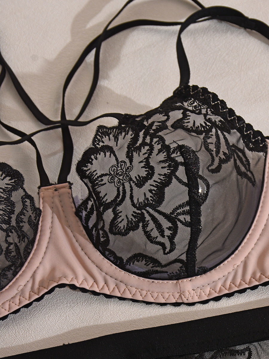Sexy flower embroidered 4-piece underwear set