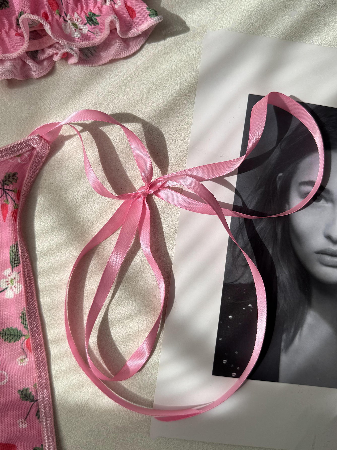 Ribbon off-shoulder cute pink cherry lingerie two-piece set