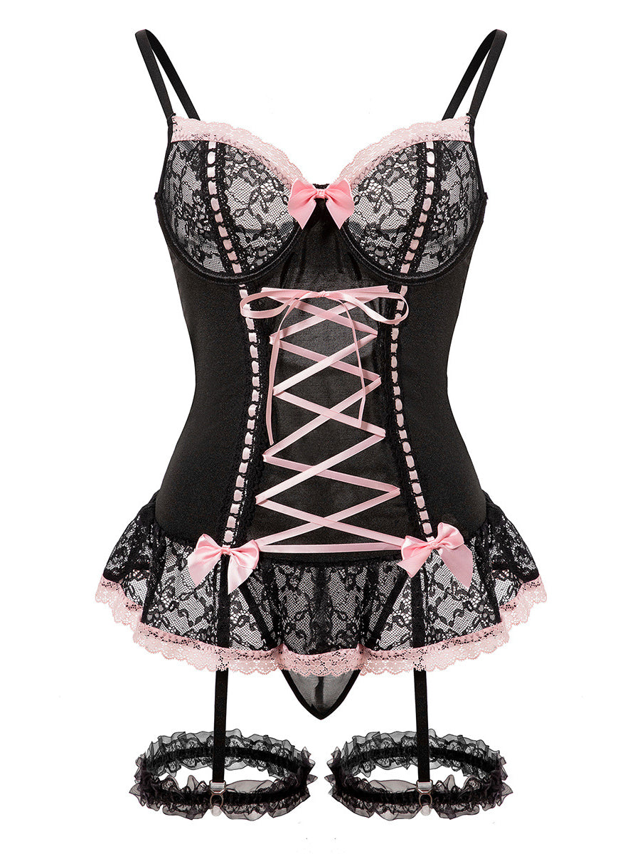 Sexy lace suspenders with bowknot and leg-encircling underwear set
