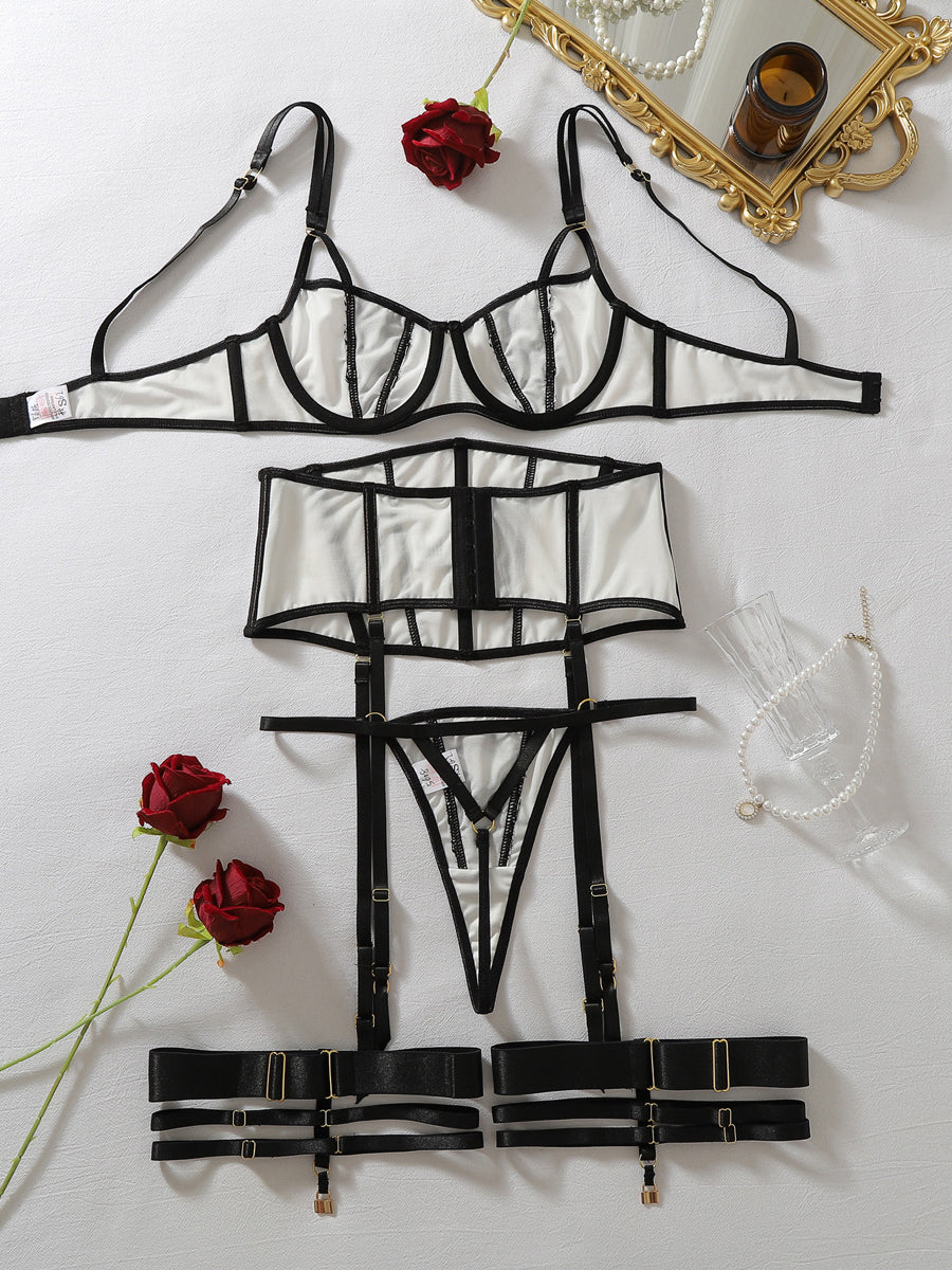 Sexy sheer mesh boned corset lingerie set