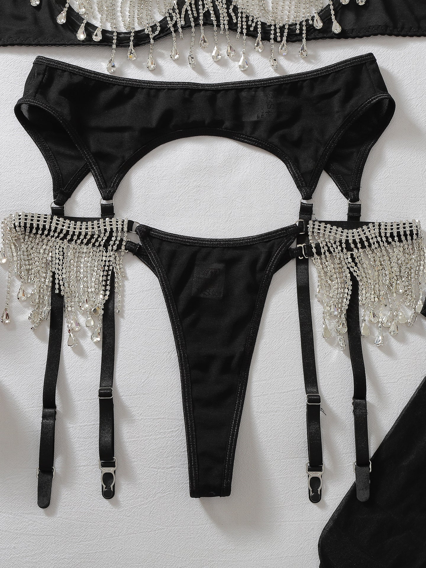 Sexy shapewear and stockings set featuring teardrop rhinestone tassel embellishments.