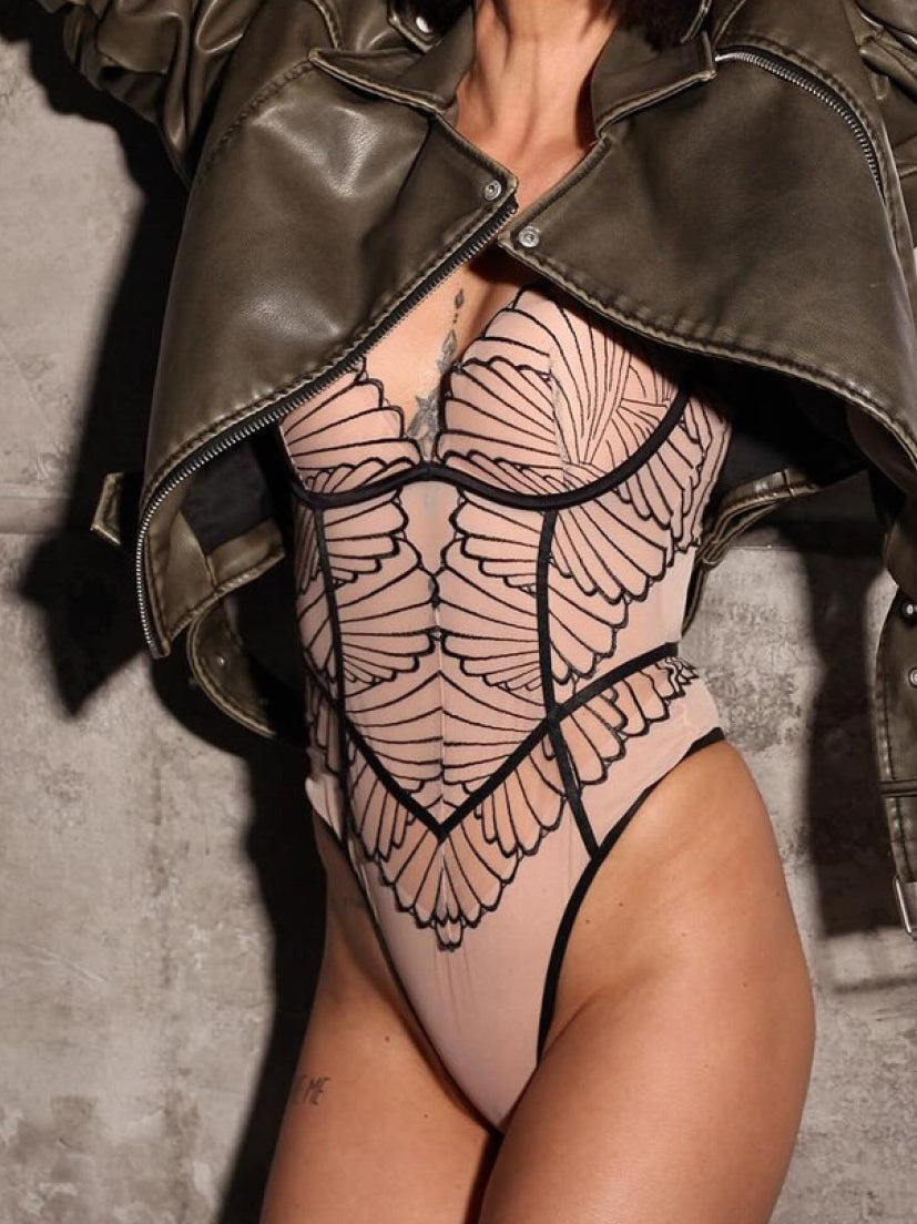 Sexy geometric embroidered lace bodysuit