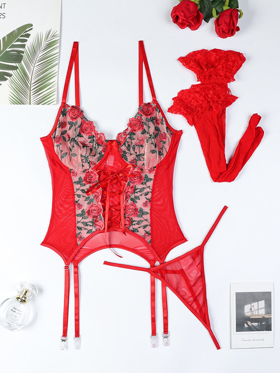 Flower embroidery cross strap sexy lingerie fun red three piece set