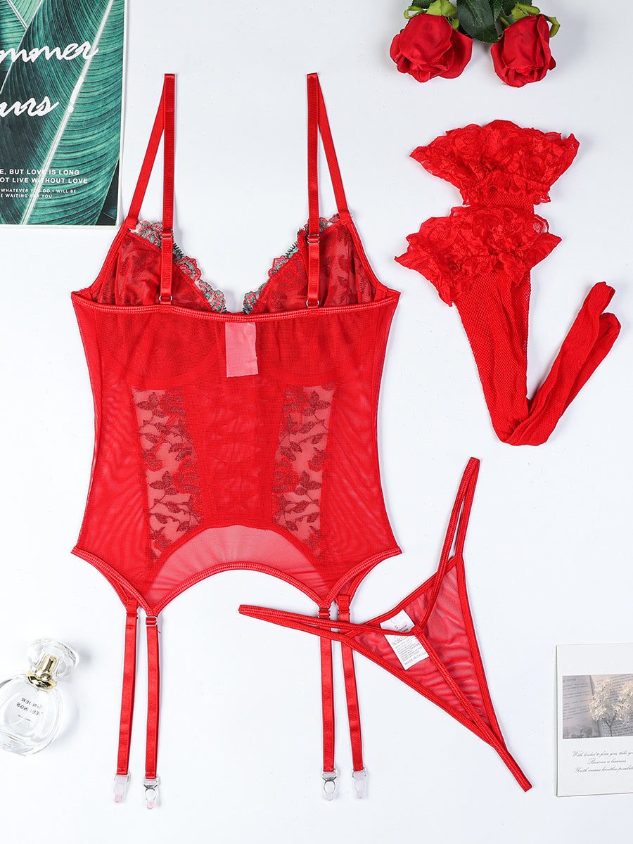 Flower embroidery cross strap sexy lingerie fun red three piece set