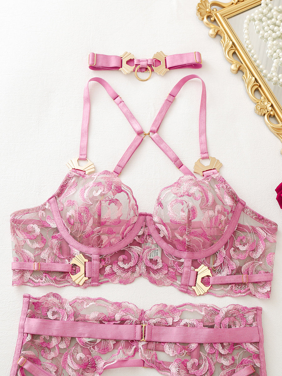 Sexy, elaborately embroidered floral bustier and leg garter set