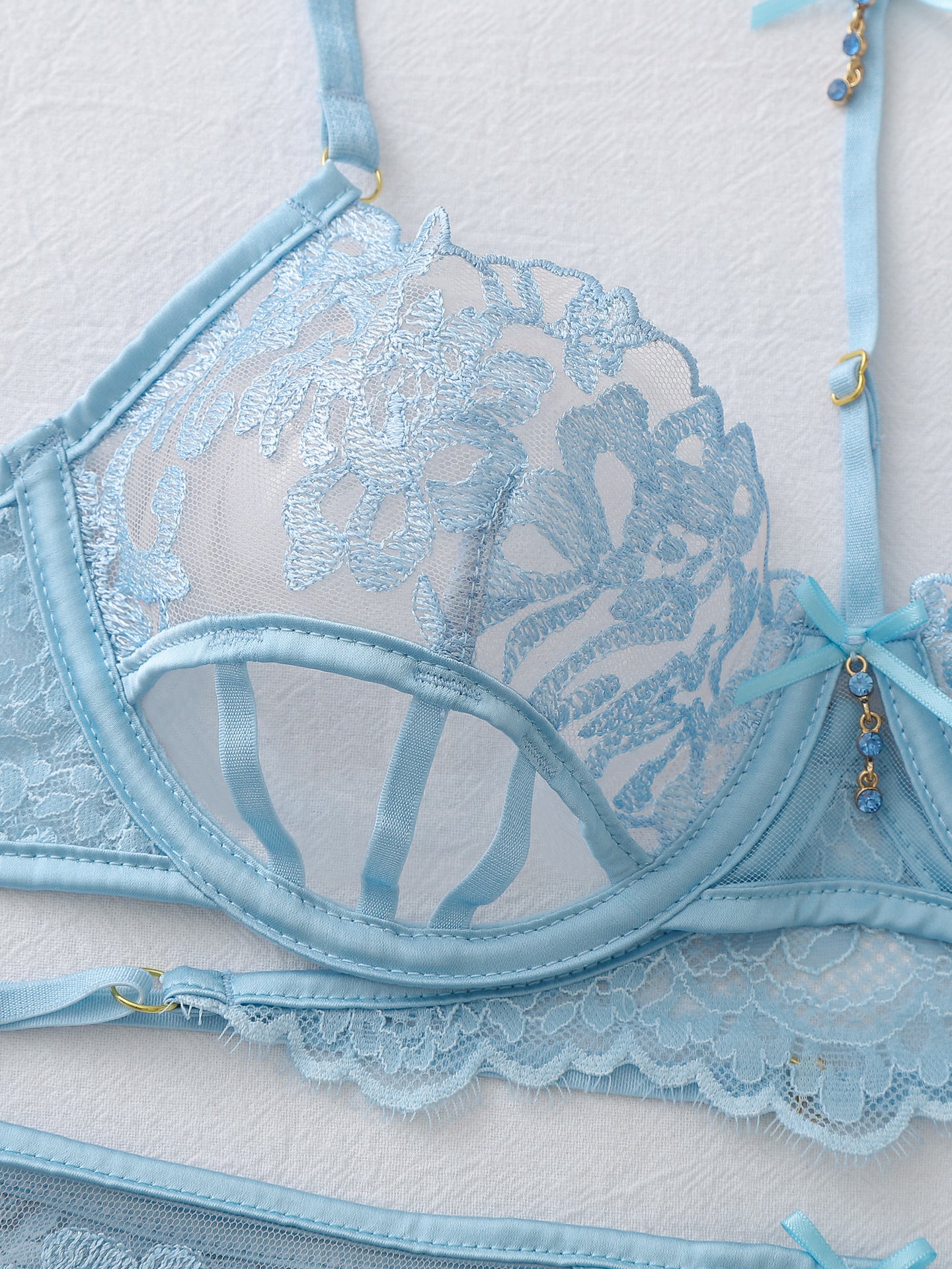 Sexy Rhinestone Pendant Lace Floral Embroidery Shapewear Lingerie Set
