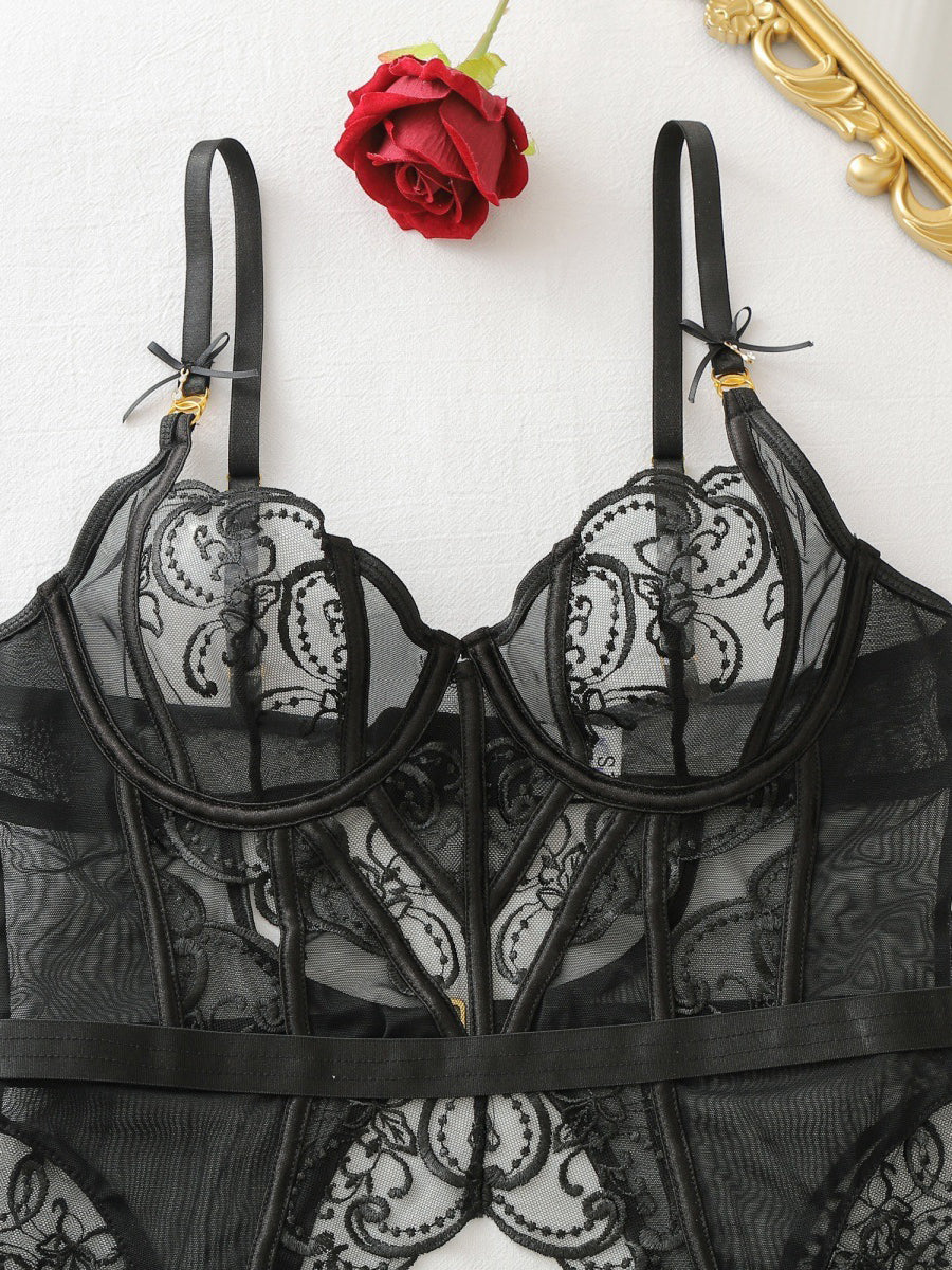 Sexy Sheer Mesh Embroidered Lingerie Set with Garter Ring and Gloves