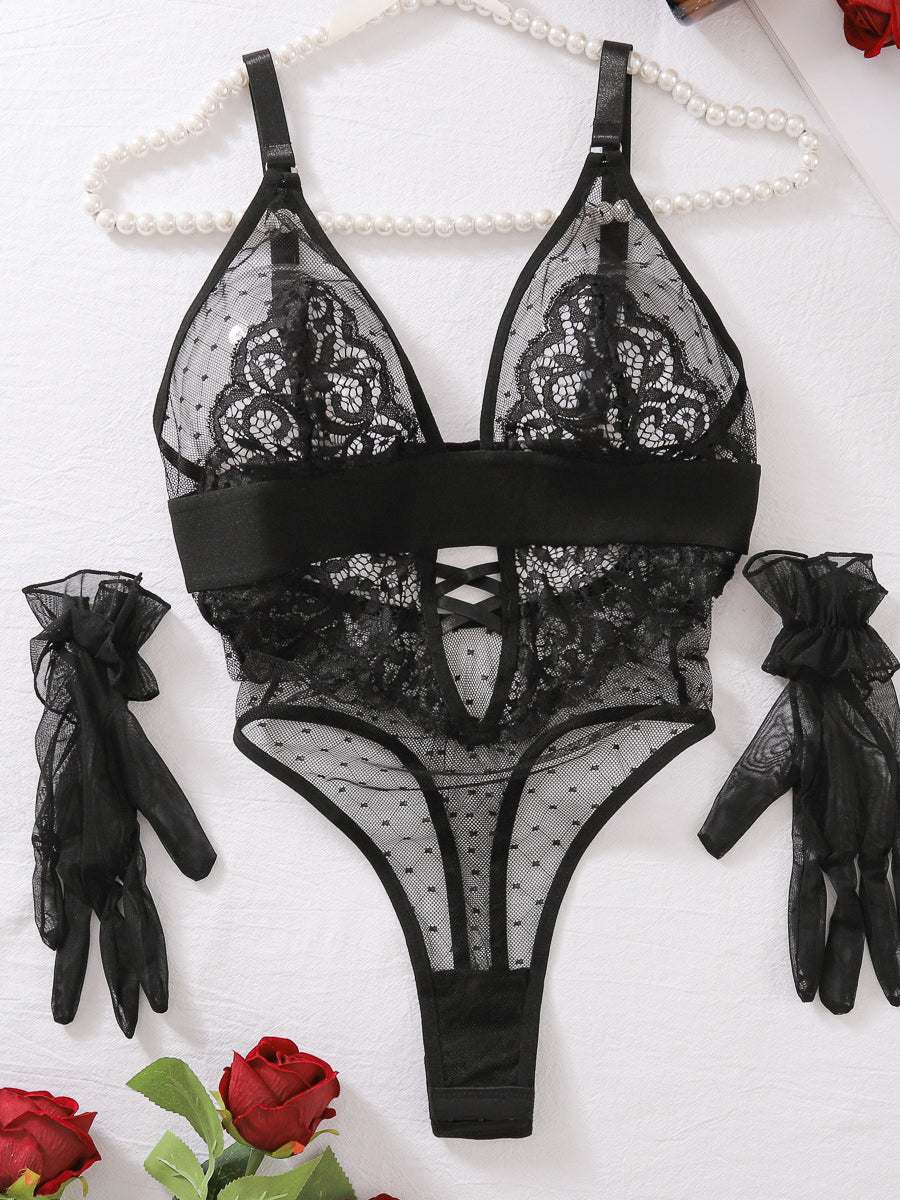 Sexy polka dot lace sexy bodysuit set with gloves