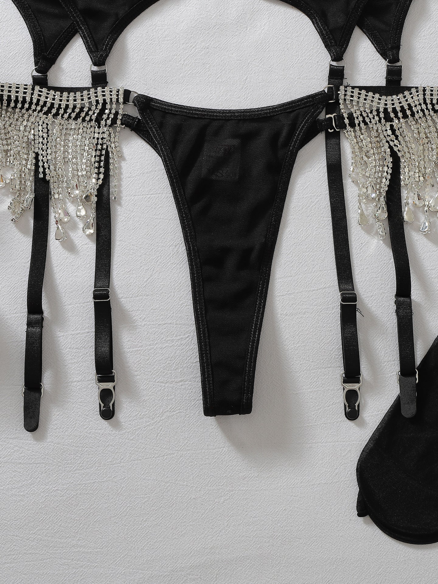Sexy shapewear and stockings set featuring teardrop rhinestone tassel embellishments.