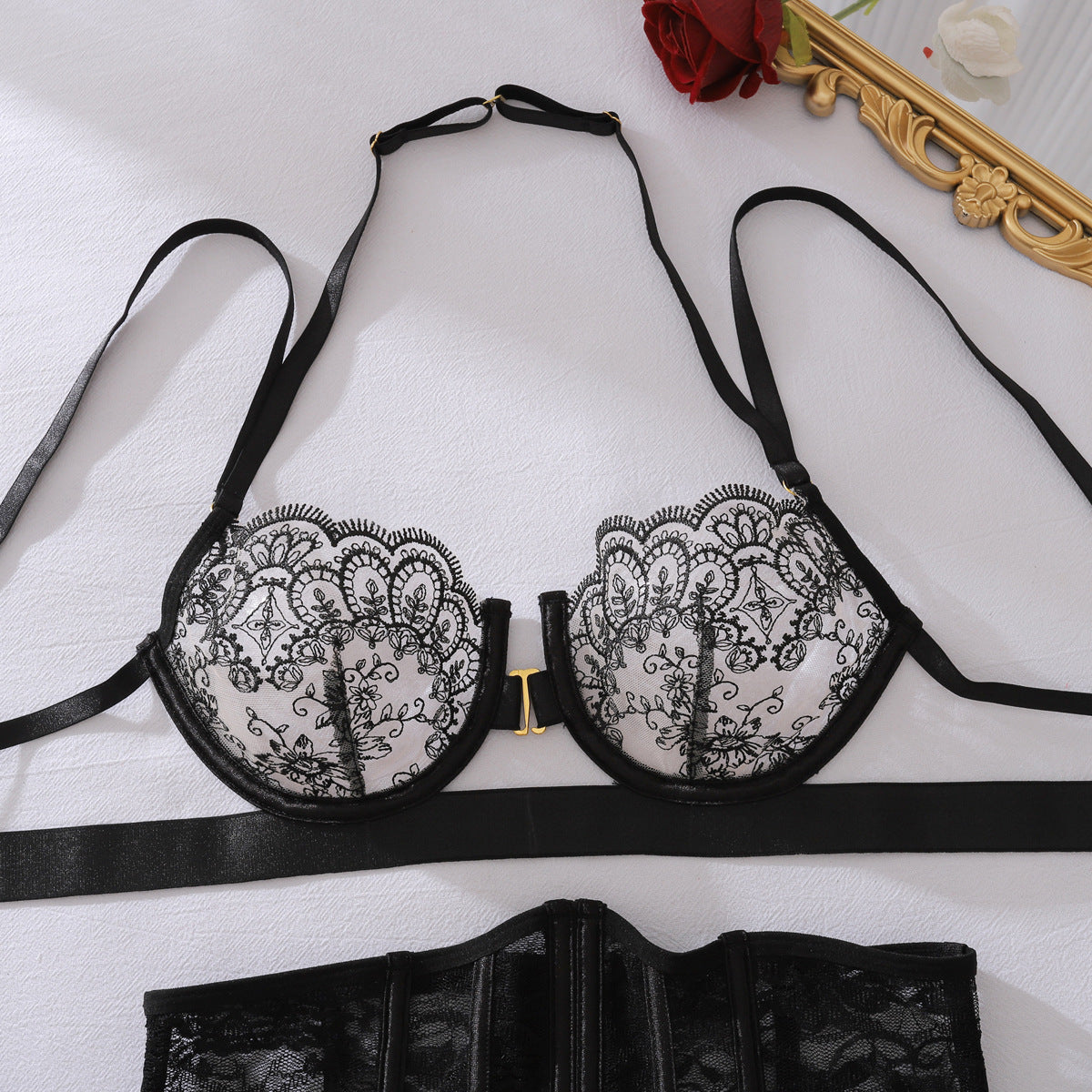 Sexy lace floral embroidery bustier, wrist cuff, and stocking set.