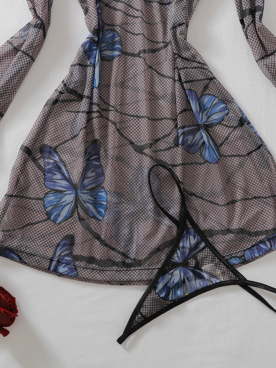 Sexy Sheer Long-Sleeve Dress with Butterfly Print and Thong Set