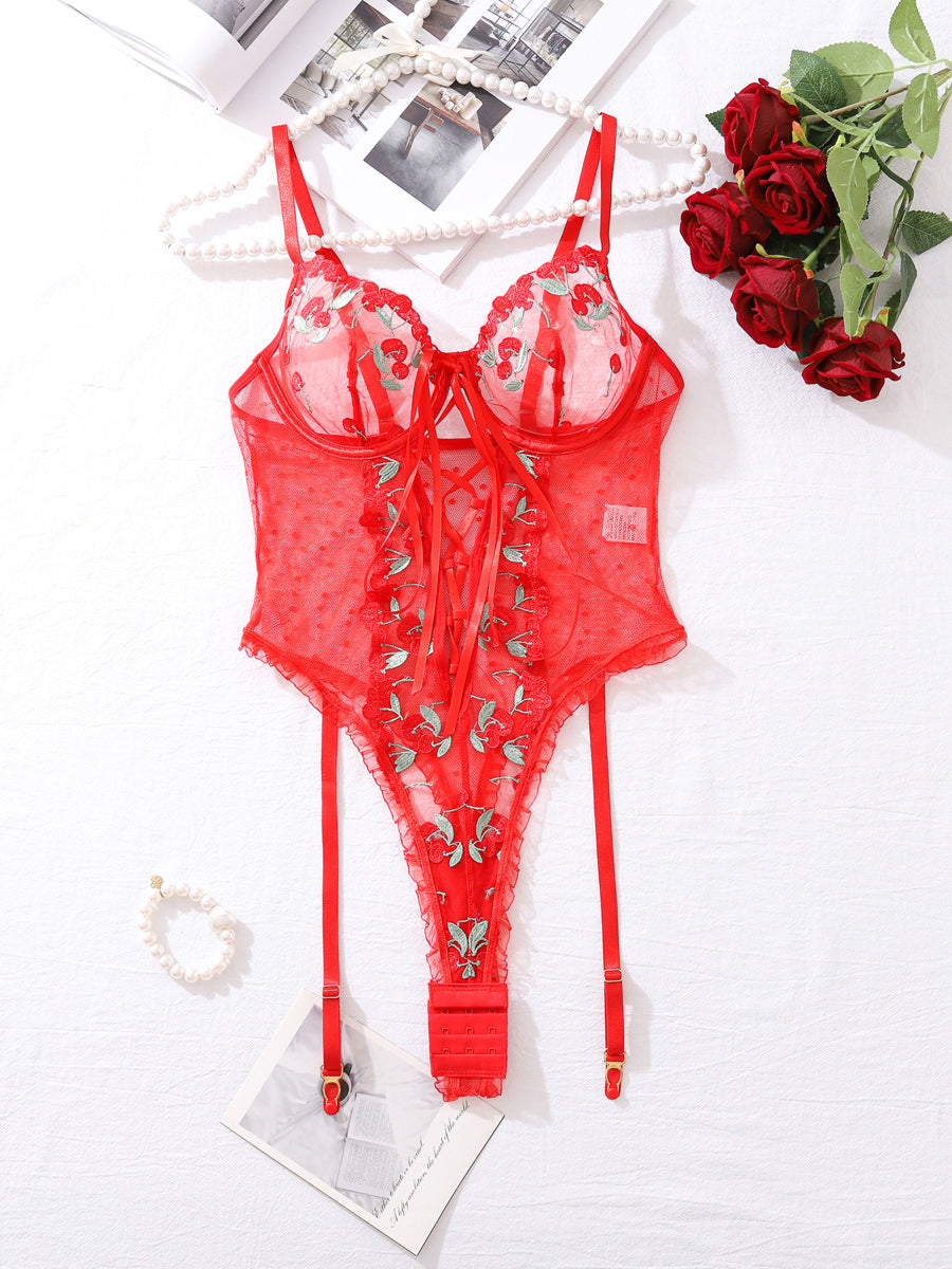 Sexy red lace embroidered bodysuit