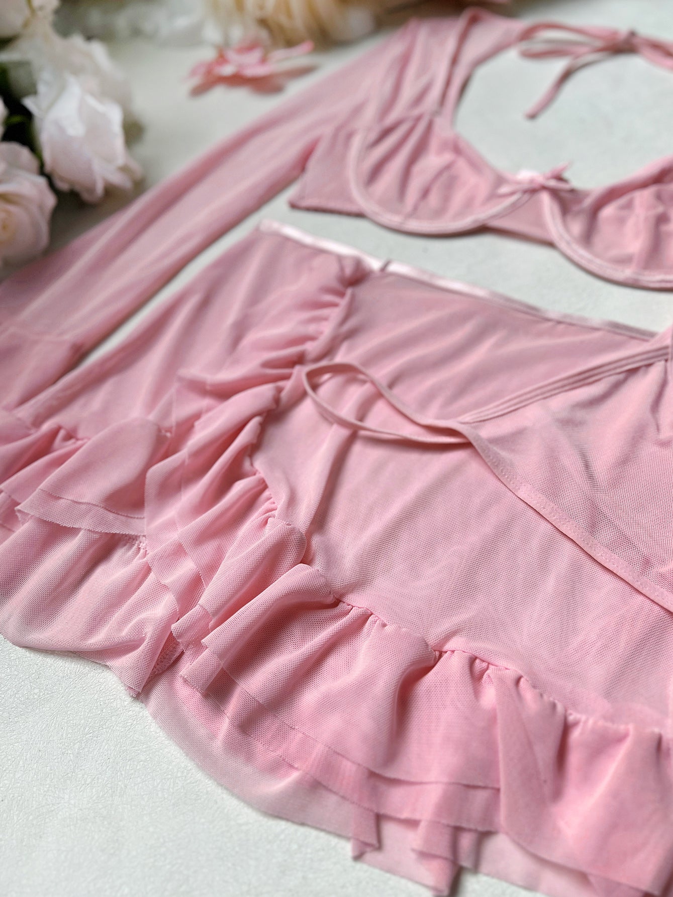 Sexy Pink Lace Bow Mesh Lingerie Three-Piece Set