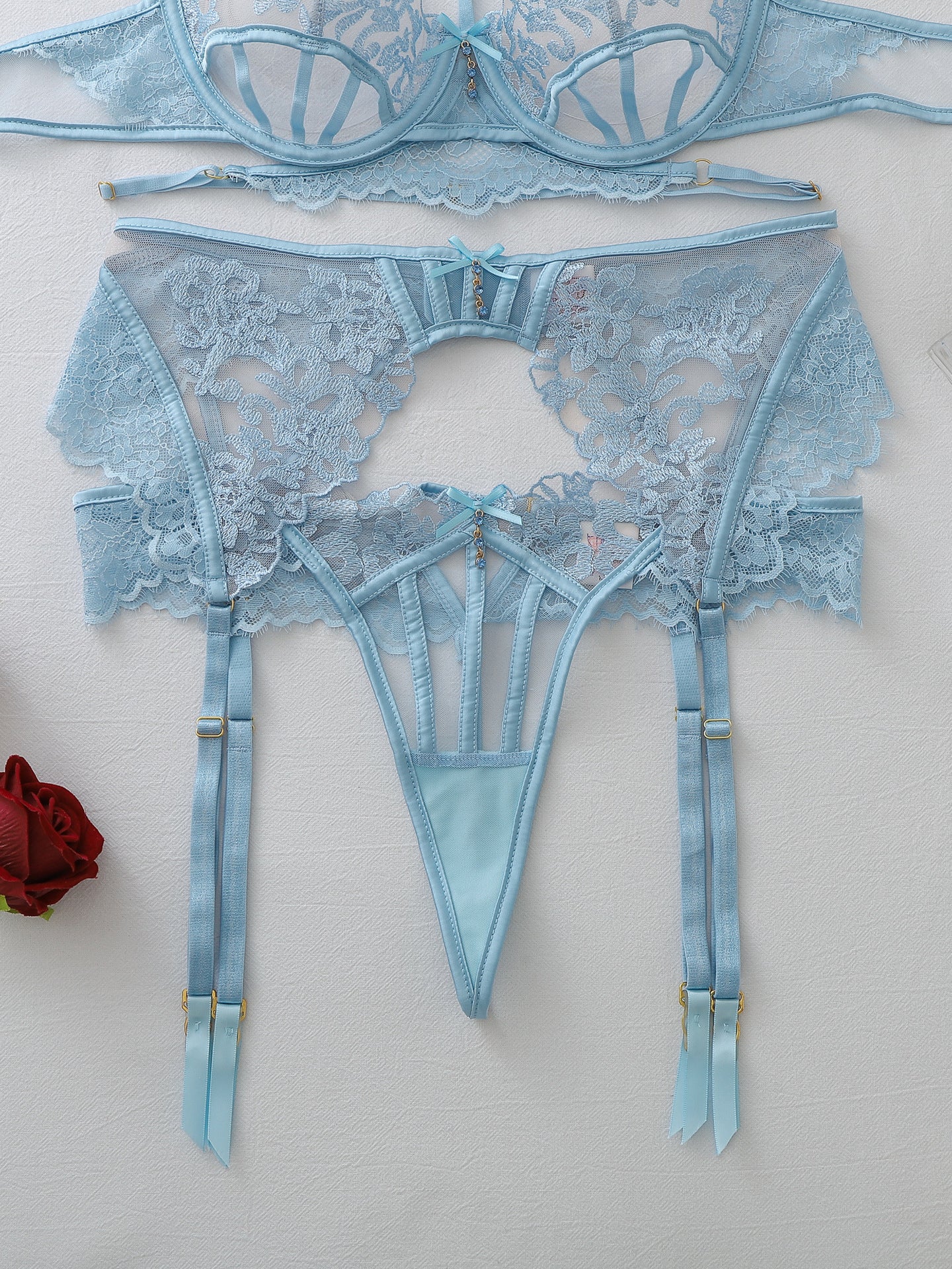 Sexy Rhinestone Pendant Lace Floral Embroidery Shapewear Lingerie Set