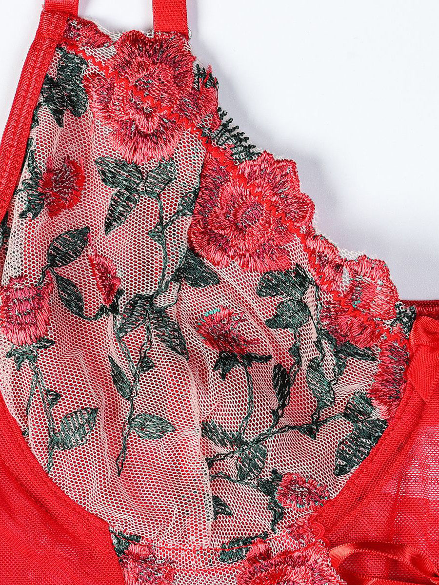 Flower embroidery cross strap sexy lingerie fun red three piece set